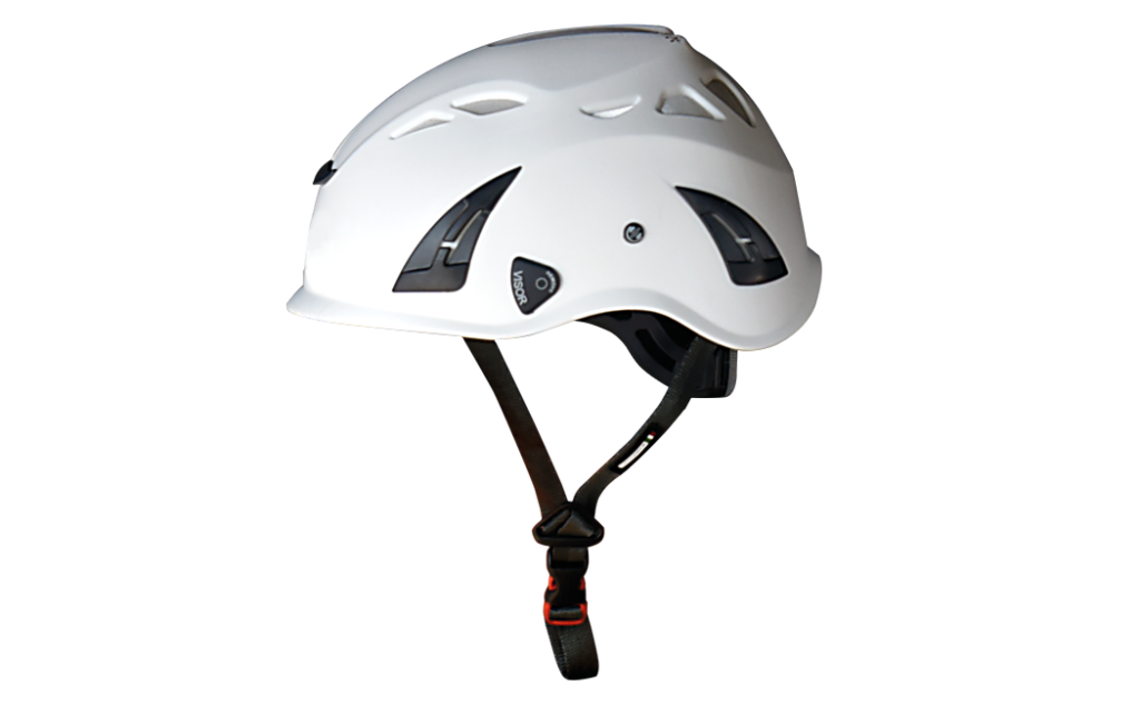 Een helm voor industrieel klimmers met comfortabele ventilatie.
