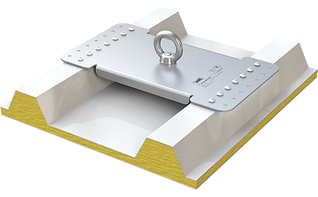 Een aanlijnpunt van het type ABS-Lock X-Rivet dat op plaat is vastgeklonken.