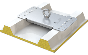 Een aanlijnpunt van het type ABS-Lock X-Rivet dat op plaat is vastgeklonken.