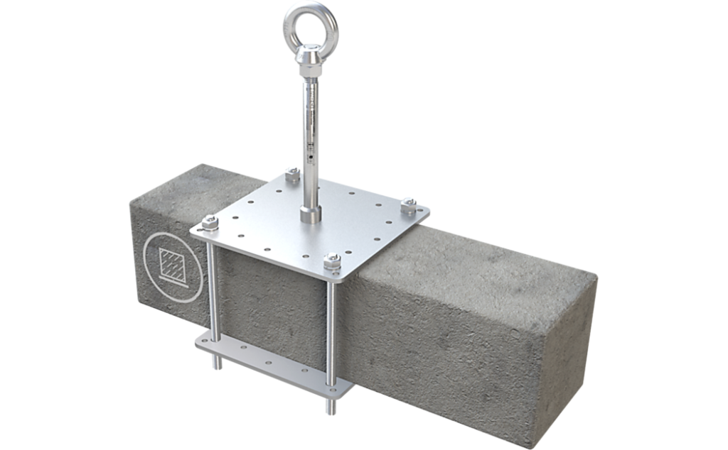 Ankerpunt voor persoonlijke valbeveiliging ABS-Lock X-Klemm, hier vastgeklemd op een betonnen pijler.