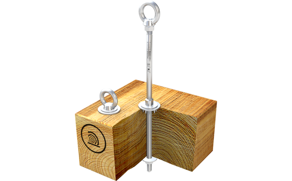 Foto van het ABS-Lock III-HW aanlijnpunt voor hout dat wordt geborgd met een moer.