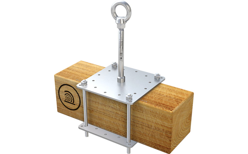 Het aanlijnpunt ABS-Lock X-Klemm voor houten balken wordt aangebracht zonder het materiaal te doordringen..