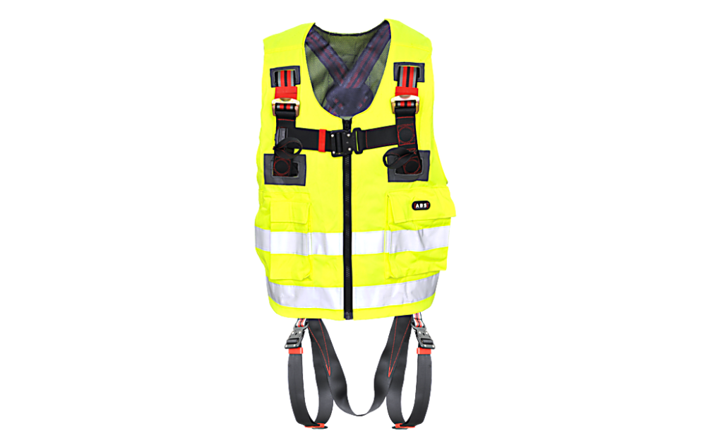 Neongeel veiligheidsvest met geïntegreerde harnasgordel voor valbeveiliging.