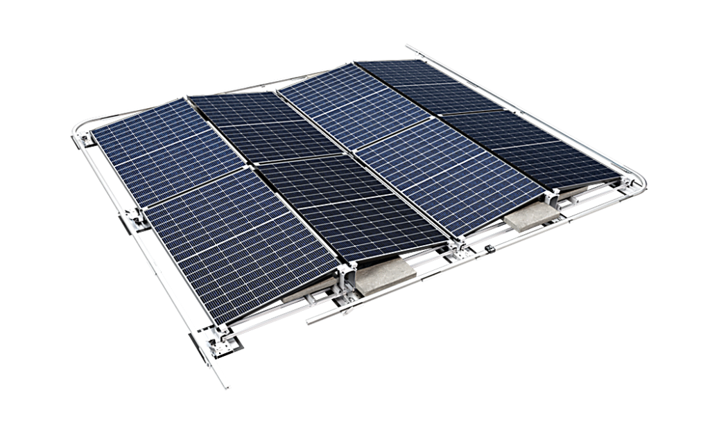 Op de foto is het railbeveiligingssysteem ABS AluTrax Ernst Schweizer te zien dat speciaal is ontwikkeld voor PV-installaties van het type east-west, south en green van Schweizer. Het L-vormige systeem met meeloper maakt veilig werken rondom de installatie mogelijk – zonder telkens omzetten van de karabijnhaak. Ideaal voor onderhoud, reiniging en installatie achteraf op platte daken.