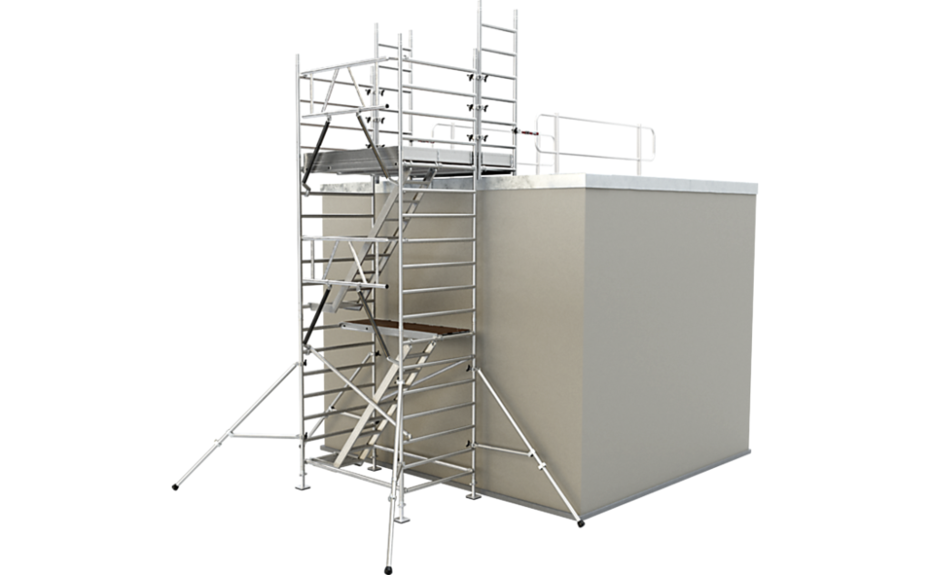 Mobiel steigersysteem met geïntegreerd platform voor veilige toegang tot een plat dak – de ABS Daktoegangsset (platte daken) gemonteerd op een gebouw.