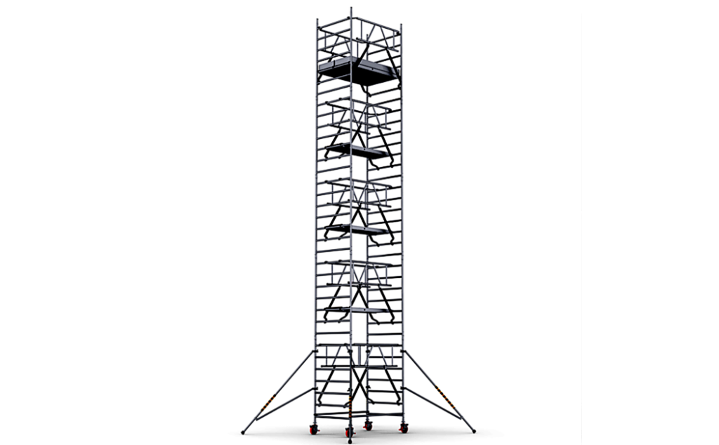 Brede rolsteiger met groot platform en een werkhoogte tot 11,50 m.