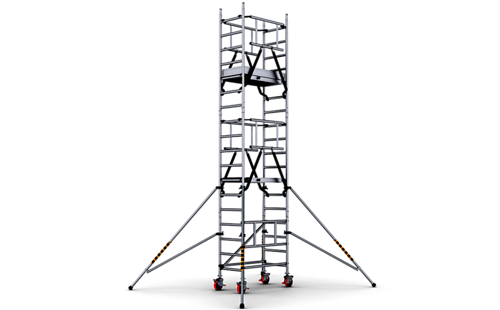 De ABS eenpersoonswerksteiger is een verplaatsbare steiger met een voorlopende zijbescherming. Hij heeft in hoogte verstelbare zwenkwielen, telescopische stabilisatoren en is geschikt voor gebruik binnen en buiten. De steiger heeft een stahoogte van 4,40 m en een werkhoogte van 6,40 m.