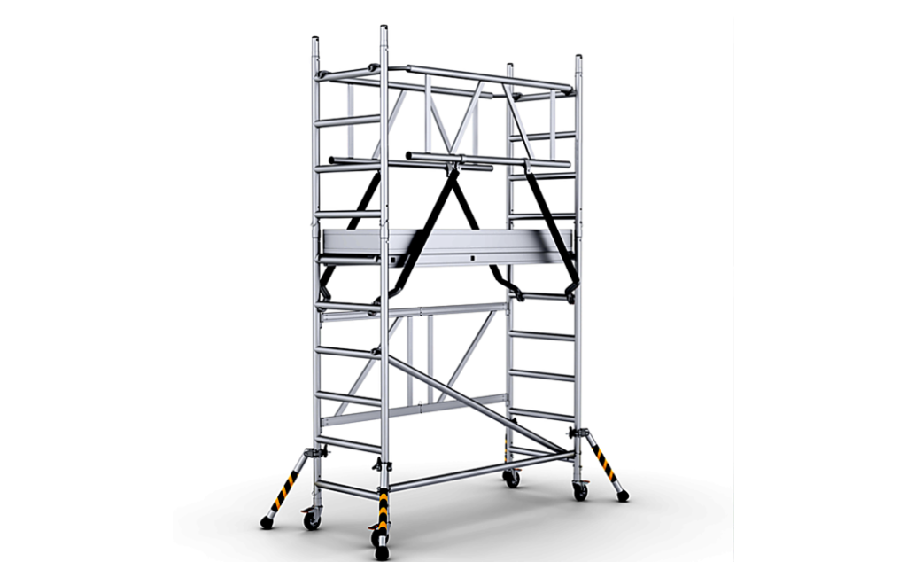 Inklapbare en verplaatsbare steiger, variant Pro, van ABS Safety met telescopische stabilisatoren, stabiele constructie en werkhoogte tot 8,07 m.