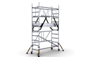 Inklapbare en verplaatsbare steiger, variant Pro, van ABS Safety met telescopische stabilisatoren, stabiele constructie en werkhoogte tot 8,07 m.