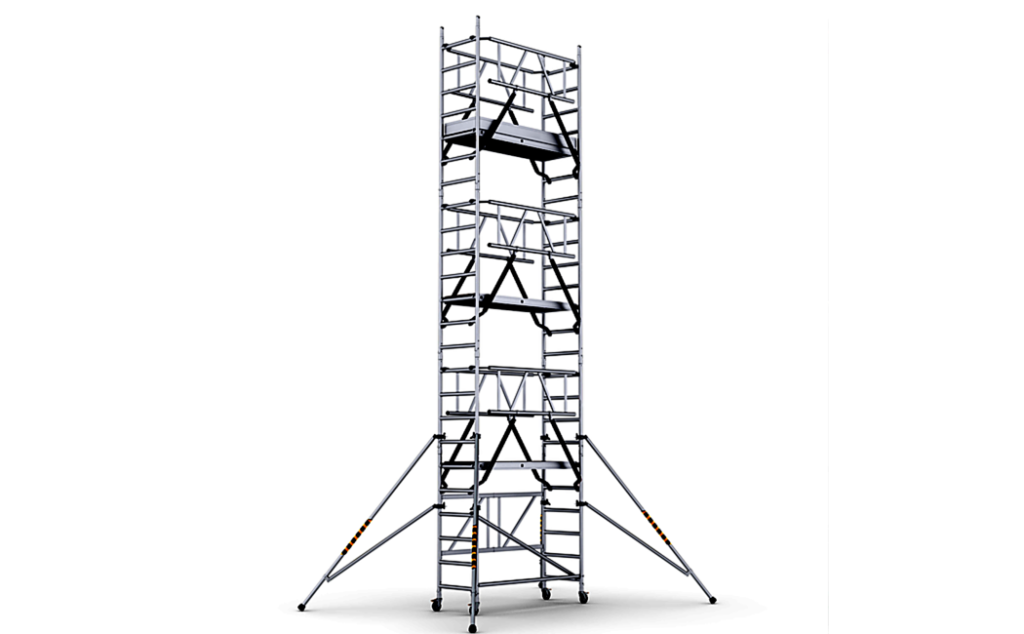 Opvouwbare rolsteiger van ABS Safety met geïntegreerde veiligheid en compact design, ideaal voor transport en een werkhoogte van 3,86 m.