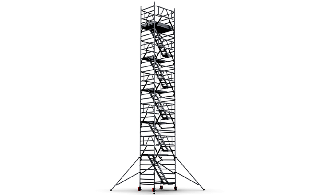 Rolsteiger met trappen, stabilisatoren en een werkhoogte tot 12,72 m.