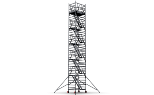 Rolsteiger met trappen, stabilisatoren en een werkhoogte tot 12,72 m.