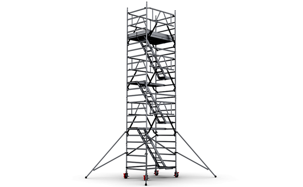 Compacte rolsteiger met trappen en stabiel platform voor veilig werken.