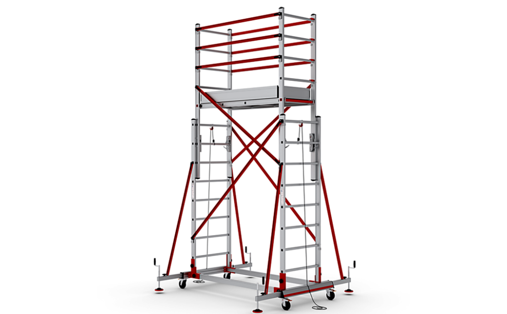 Compacte ABS Tele-rolsteiger 4 met een werkhoogte tot 4,74 m, geschikt voor gebruik binnen en buiten.