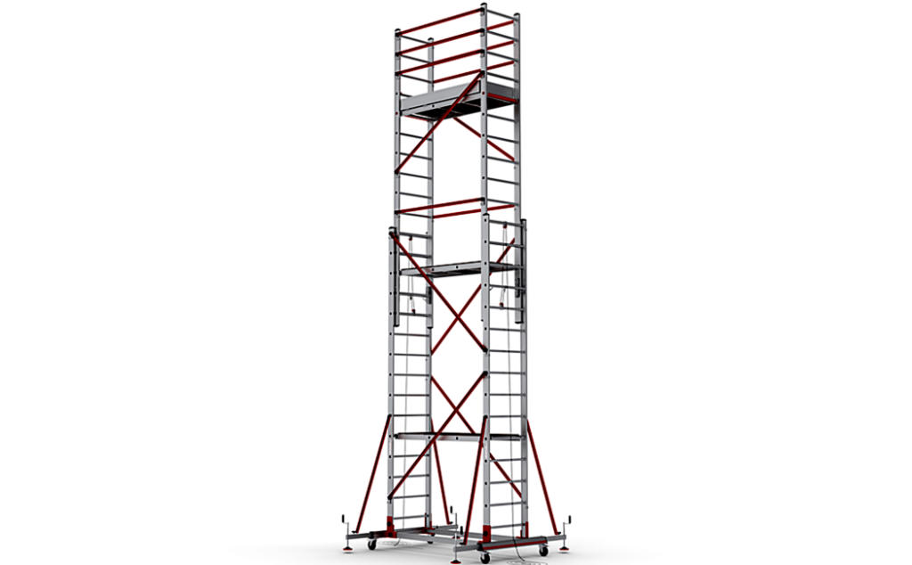 Telescopische ABS Tele-rolsteiger 8 met een werkhoogte van maximaal 8,05 m en een stabiele constructie.