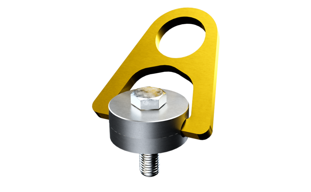 Afbeelding van het ABS-Lock 360 ankerpunt, bestaande uit een tweedelig basisonderdeel en een gele aanlijnring.