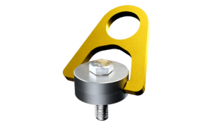 Afbeelding van het ABS-Lock 360 ankerpunt, bestaande uit een tweedelig basisonderdeel en een gele aanlijnring.