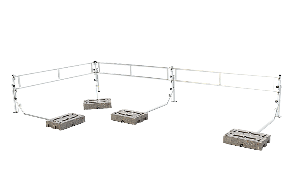 Vrijstaand zijbeschermingssysteem ABS Mobile Guard Pro op een plat dak, bestaande uit aluminium relingstaanders, dubbele achterrelingen en verzwarende ECO-gewichten, met een opklapbare staander voor een 6 m lange werkzone.