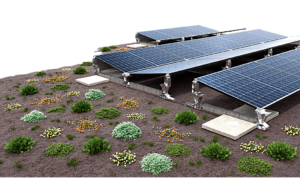 Op een begroeid plat dak is een PV-installatie met de ABS Base Green onderconstructie gemonteerd. De op dragers opgestelde panelen zijn ingebed in een extensieve dakbegroeiing met verschillende planten. De met ballast verzwaarde montage gebeurt zonder doorboring van de dakbedekking.